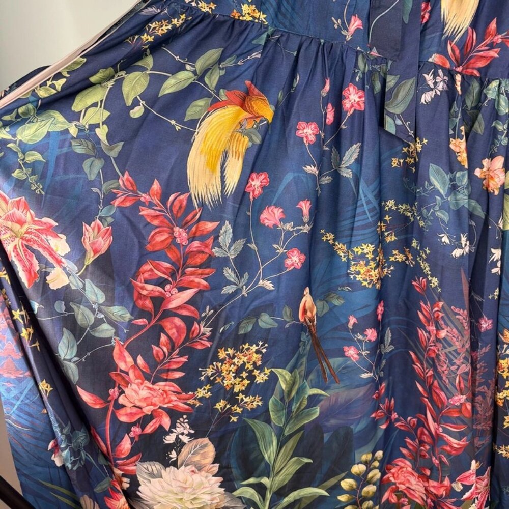 NWT Dalia Macphee Womens Navy Multi Long Sleeve Tie Neck Floral Maxi Dress Sz L - Picture 11 of 15
